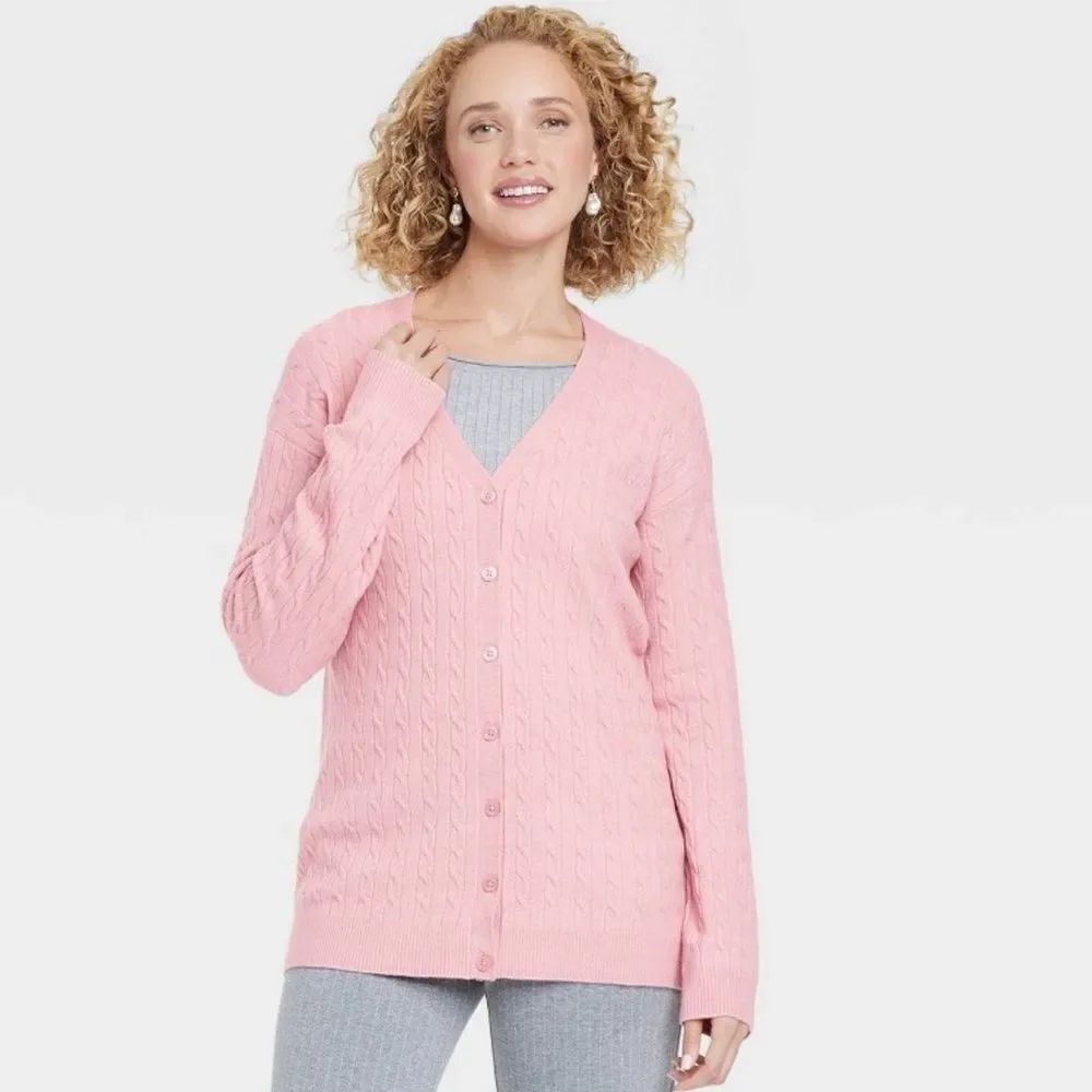 a new day XS-XL Pink Cable Knit Button Front Oversized Tunic Length Cardigan